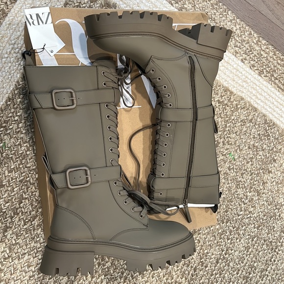 Zara khaki waxed lace up lug sole boots - Picture 7 of 15